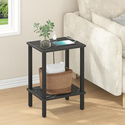 TUTOTAK End Table with Charging Station, Side Table Set of 2, Nightstand | 2-Tier Storage Shelf, Bedside Table with USB Ports, Sofa Table for Small Space, Livingroom, Bedroom Marble Black TB01BMK041 - color: Marble Black