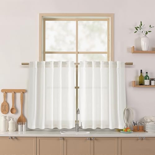 24 Inch Linen Curtains for Kitchen Beige White Small Window Semi Sheer Curtains Back Tab and Rod Pocket Light Filtering Drapes for Basement Short Cafe Curtain, 36 x 24 Inch,2 Panels - color: Beige White, size: 36"W x 24"L (Pack of 2)