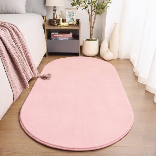 Soft Oval Rugs for Bedroom, 2.6 x 5.3 Pink Bedroom Bedside Rug | Thickened Memory Foam Rug with Upgraded Non-Slip Silicone Backing, Fluffy Washable Rug for Boys Girls Dorm Nursery Room Decor - color: Pink, size: 2.6' x 5.3' (Oval)