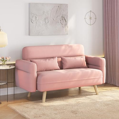 Yaheetech 46" Small Sofa Compact Modern Couch with Wood Legs, Pink | Loveseat Small Sofa in Fabric 2 Seater Couch Features Wood Legs, Lumbar Pillows, Easy Assembly for Living Room, Bedroom, Dorm - color: Pink