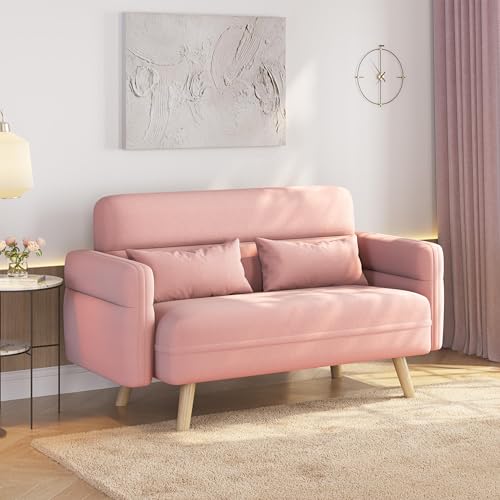 Yaheetech 46" Small Sofa Compact Modern Couch with Wood Legs, Pink | Loveseat Small Sofa in Fabric 2 Seater Couch Features Wood Legs, Lumbar Pillows, Easy Assembly for Living Room, Bedroom, Dorm - color: Pink
