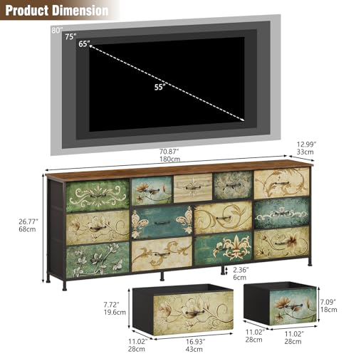 Dresser for Bedroom Chest of Drawers Fabric Dresser for Closet, Nursery Entryway Hall Tree TV Stand for Living Room Retro Floral Pattern Wooden Top (13 Drawers) - size: 13"D x 70.9"W x 26.8"H (13 Drawers)