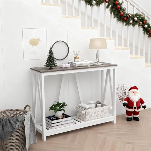 Entryway Table, 39" Farmhouse Console Table with Shelf Narrow Foyer Table | | 2-Tier Open Shelf,V-Shape Anti-Tip Legs,Slim Narrow Design,Sofa Table Use,Two-Tone Finish,30-Min Easy Assembly,Oak Grey - color: Oak Grey