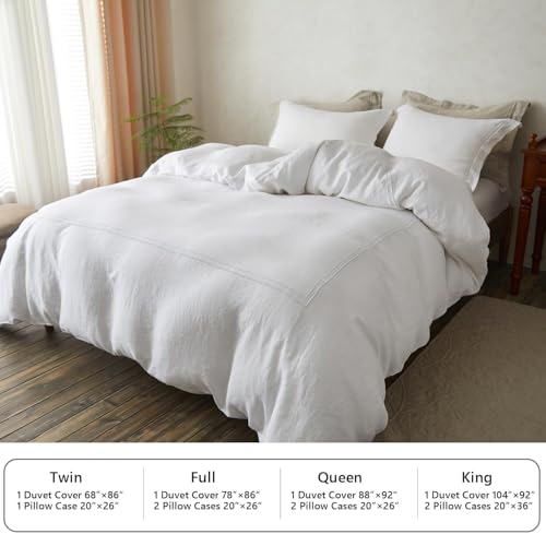 Simple&Opulence 100% Washed Linen Duvet Cover Set 68"x86" - 2 Pieces Soft Farmhouse Comforter Cover Set Double Embroidered with Button Closure - 1 Duvet Cover and 1 Pillowcase (White, Twin) - color: 2 Embroidery White, size: Twin