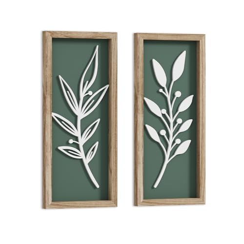 3D Wooden Leaf Sage Green Boho Wall Art (Set of 2) Lightweight, Vintage Framed Bathroom Botanical Wall Art for Bedroom, Living Room, Kitchen,Office and Hallway Decorations - color: Tree leaf Green (Set of 2)
