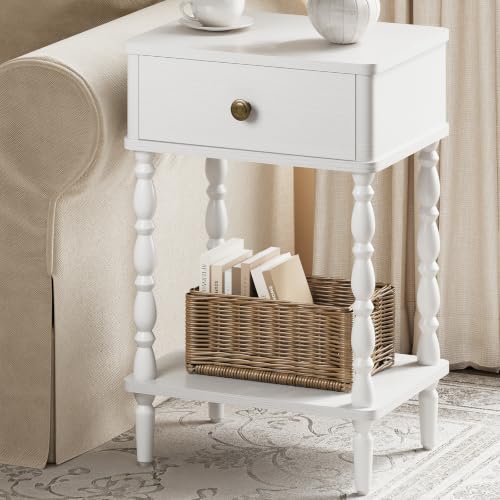 Yoobure White Nightstand with Drawer - Small Side Table with Wood Legs | Accent Night Stand Bedside Table for Bedroom, Mid Century Modern End Tables Living Room, Vintage Nightstands for Small Space - color: White