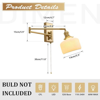 Swing Arm Wall Sconce 2-Pack, Brass Milk Glass Shade, 17.7" | Pull chain, E26 base, bedside vanity bathroom, mid century wall light - color: B-2Pack
