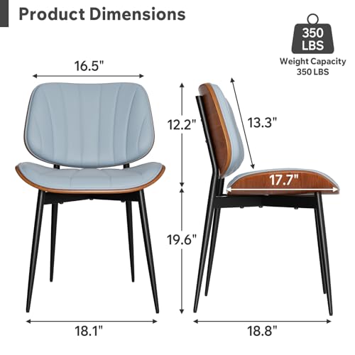 Dining Chair, Mid Century Modern Dining Room Chairs, Upholstered Faux Leather Kitchen Chairs with Walnut Bentwood Back and Metal Legs for Kitchen Dining Room Living Room, Blue - color: Blue, size: Set of 1