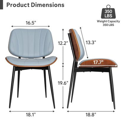 Dining Chair, Mid Century Modern Dining Room Chairs, Upholstered Faux Leather Kitchen Chairs with Walnut Bentwood Back and Metal Legs for Kitchen Dining Room Living Room, Blue - color: Blue, size: Set of 1