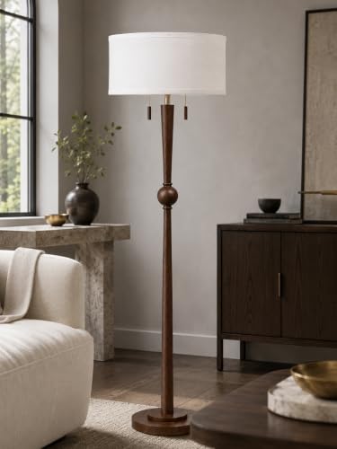 MOFFE Solid Wood Floor Lamp for Living Room,Pull Chains Standing Lamp | 62.8" Tall,17" White Drum Shade,Sculptural Wood Base & Stem,2-Light Design,Standing Lamp for Bedroom,2 Bulbs Included - color: Espresso Walnut