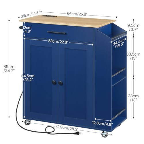 HOOBRO Kitchen Island with Power Outlet, Kitchen Storage Island with Spice Rack and Drawer, Rolling Kitchen on Wheels, for Home, Dining Room, Natural and Blue UN82UZD01G1 - color: Natural + Blue