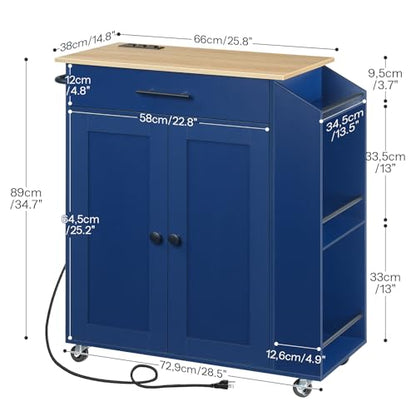 HOOBRO Kitchen Island with Power Outlet, Kitchen Storage Island with Spice Rack and Drawer, Rolling Kitchen on Wheels, for Home, Dining Room, Natural and Blue UN82UZD01G1 - color: Natural + Blue