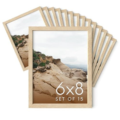 HAUS AND HUES 6x8 Natural Oak Wooden Picture Frame - Set of 15 6x8 Poster Frame - Premium Oak, Vertical Hang, Shatterproof Plexiglass - Ideal for Home, Room, Office (6x8-inch, Natural, Set of 15) - color: Beige Oak, size: 6x8 in, style: Set of 15