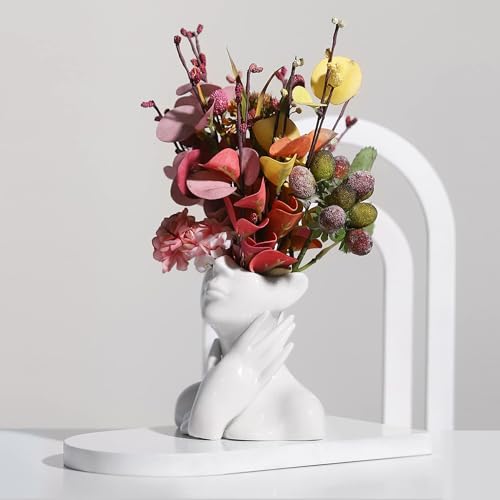 XSMXLNKWL Ceramic Face Vase White Flower Vase for Decor, Female Face Vase Art, Modern Decorative Vase Centerpiece for Table, Shelf, Living Room, Office, Bedroom, Small - style: Face Vase - Stroking the Neck