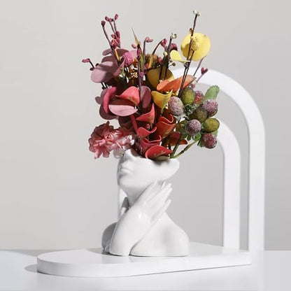 XSMXLNKWL Ceramic Face Vase White Flower Vase for Decor, Female Face Vase Art, Modern Decorative Vase Centerpiece for Table, Shelf, Living Room, Office, Bedroom, Small - style: Face Vase - Stroking the Neck