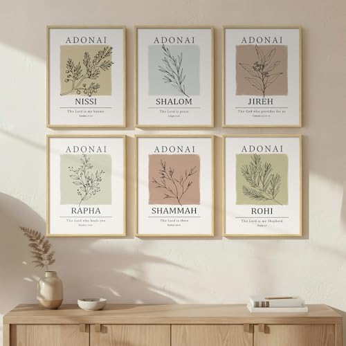 Framed Christian Bible Verse Neutral Wall Art, Minimalist Scripture Religious Canvas Prints, Faith Names of God Boho Botanical Leaf Artwork for Bedroom Living Room Office Hallway Wall Decor, 11x14 In - color: Muted Neutrals, size: 11" W x 14" H x 6Pcs
