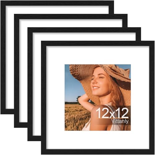 Vittanly 12x12 Picture Frames Set of 4, for Wall Mounting Display, Black | Display Pictures 8x8 with Mat or 12x12 without Mat, Square Gallery Wall Frame Set, Engineered Wood with Resistant Plexiglass - color: Black, size: 12x12