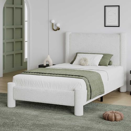 REVOMINCA Twin Boucle Bed Frame with Headboard & Footboard, White | Upholstered platform frame has soft rounded corners, no box spring required and easy assembly. - color: White, size: Twin