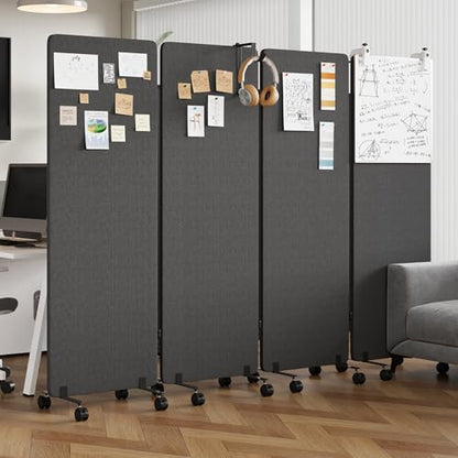 4 Panel Soundproof Room Divider W/Wheels, Office Divider with Whiteboard | 66" H with Detachable Whiteboard/Clips/Hooks/Pushpins,Wheeled Room Dividers, Easy to Move,For Conference Room Partitions - color: Dark Grey, size: 4-Panel-with Board