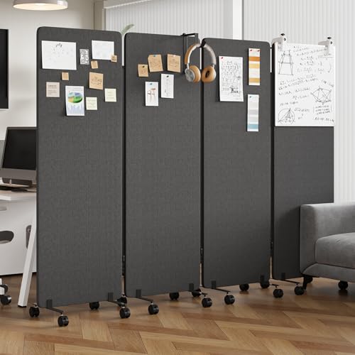 4 Panel Soundproof Room Divider W/Wheels, Office Divider with Whiteboard | 66" H with Detachable Whiteboard/Clips/Hooks/Pushpins,Wheeled Room Dividers, Easy to Move,For Conference Room Partitions - color: Dark Grey, size: 4-Panel-with Board