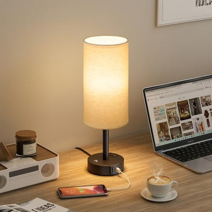 Beige Touch Bedside Lamp for Bedroom, Stepless Dimmable, USB A+C, AC Outlet | Base Touch Button Only, Memory Brightness, Ultra-dim Night Light, Included Bulb for Optimal Dimming, Beige Fabric Shade, Desk - color: Beige & Black
