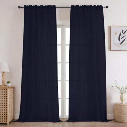CUCRAF Sheer Curtains Panels for Living Room Bedroom Small Window Semi Treatment Drapes Voile Rod Pocket,Set of 2 (54 x 63 inches Long,Navy Blue) - color: Navy Blue, size: 54"W x 63"L (Pack of 2)