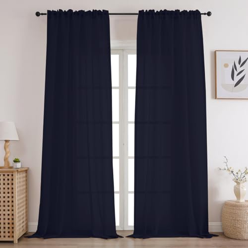 CUCRAF Sheer Curtains Panels for Living Room Bedroom Small Window Semi Treatment Drapes Voile Rod Pocket,Set of 2 (54 x 63 inches Long,Navy Blue) - color: Navy Blue, size: 54"W x 63"L (Pack of 2)