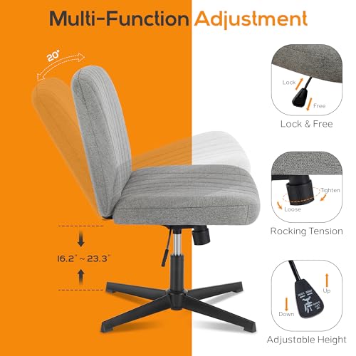DUMOS Criss Cross Chair No Wheels Legged Office Wide Comfy Desk Vanity Chair, Armless Computer Task Seating, Swivel Home Height Adjustable for Bedroom, Study, Grey Fabric - color: Grey Fabric