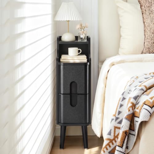 FurSch Narrow Nightstand Set of 2, Wooden Small 2 Drawer, Black | Slim Side End Table, Skinny Bedside Table, Mid Century Modern, 3-1 pc - color: Black 3-1 Pc