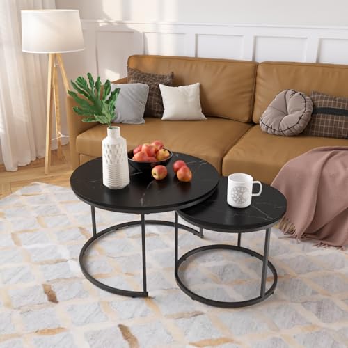 KEIKI Nesting Coffee Table Set of 2, Round Industrial End Tables with Wood Grain MDF Top and Black Metal Frame, Space Saving Small Side Table Set for Living Room Bedroom Balcony, Easy Assembly, Black