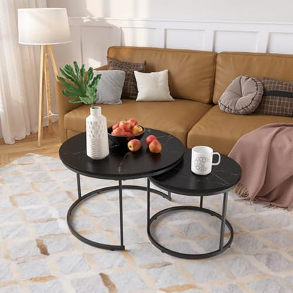 KEIKI Nesting Coffee Table Set of 2, Round Industrial End Tables with Wood Grain MDF Top and Black Metal Frame, Space Saving Small Side Table Set for Living Room Bedroom Balcony, Easy Assembly, Black