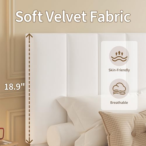 Garvee Twin Size Bed Frame with Upholstered Headboard for Kids, White | Fully Velvet Upholstered Mattress Foundation with Height Adjustable Headboard, No Box Spring Needed, Easy Assembly - color: White, size: Twin