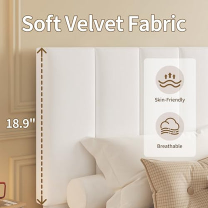 Garvee Twin Size Bed Frame with Upholstered Headboard for Kids, White | Fully Velvet Upholstered Mattress Foundation with Height Adjustable Headboard, No Box Spring Needed, Easy Assembly - color: White, size: Twin
