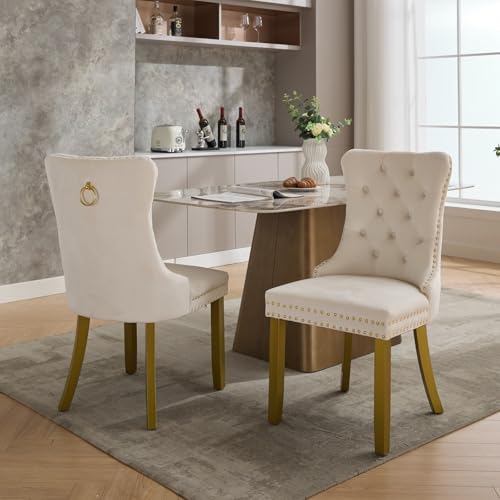 KEIKI Upholstered Velvet Dining Chair, Mid-Century Tufted Accent Seat | with Golden Solid Wood Legs for Dining Room Kitchen Room, Milk White - color: Milk White