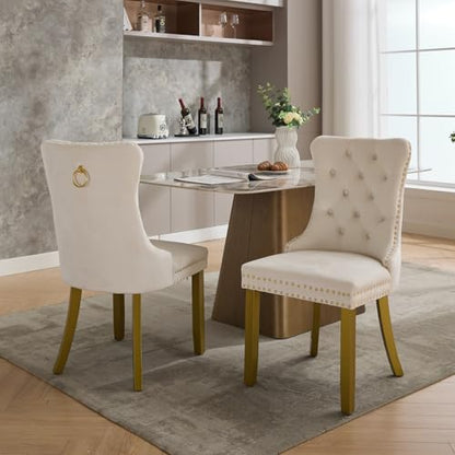 KEIKI Upholstered Velvet Dining Chair, Mid-Century Tufted Accent Seat | with Golden Solid Wood Legs for Dining Room Kitchen Room, Milk White - color: Milk White