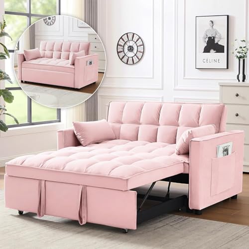 3 In 1 Velvet Convertible Sofa Bed, Pull Out Couch Bed with Reclining Backrest And 2 Pillows, 54" Full Size Loveseat Sleeper Sofa Futon Couch Beds, Couches For Small Spaces, Living Room (Pink) - color: Pink