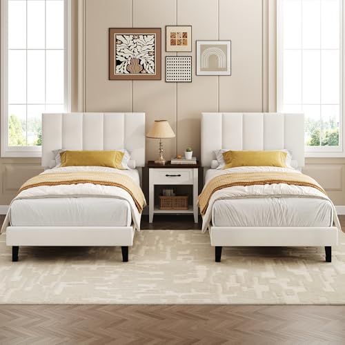 Garvee Twin Size Bed Frame with Upholstered Headboard for Kids, White | Fully Velvet Upholstered Mattress Foundation with Height Adjustable Headboard, No Box Spring Needed, Easy Assembly - color: White, size: Twin
