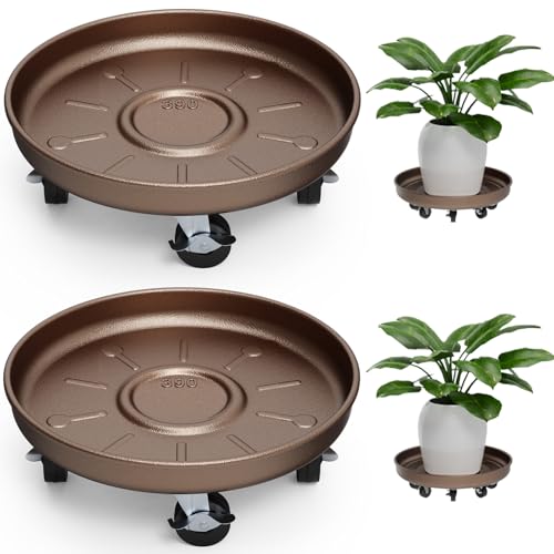 Plant Caddy With Wheels 14" Metal Plant Saucers for Indoors 390 Lb Capacity | Rolling Plant Stand, 360° Locking Casters Heavy Duty Planter Caddies, Rustproof and Waterproof, and Easy to Move, 2 Pack - size: 2 PACK 14.1 INCH