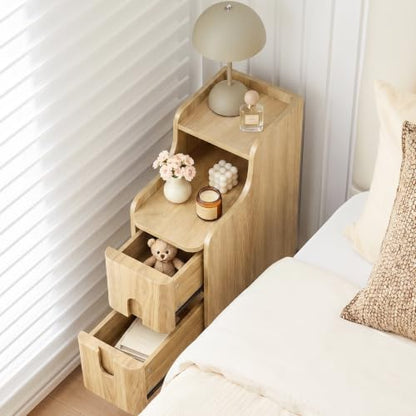 FurSch Narrow Nightstand, Wooden 2 Drawer, Natural, Set of 2 | Slim Side End Table, Skinny Bedside Table, Mid Century Modern, With Drawers for Bedroom - color: Natural 3-2 Pcs