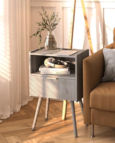 Nightstand with Outlet,Modern Bedside Table with Storage Drawer and Open Wood Shelf, for Living Room, Bedroom and Small Spaces, Accent Night Stand with Solid Wood Legs, Easy Assembly,Grey Oak - color: Grey Oak-outlet