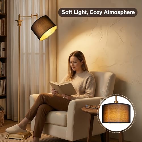 Scenekoy 68” Floor Lamp with Remote for Living Room Bedroom, Antique Gold | 350ºAdjustable Swing Arm Standing Lamp, Stepless Brightness, Black Shade, Decor for Reading House Home Office, Bulb Included - style: Antique Gold