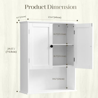 Bathroom Wall Cabinet, White 30" x 24" Wall Mounted Medicine Cabinet, Over Toilet Storage Hanging Cabinet Adjustable Shelves Cupboard with Large Space for Laundry Room, Bedroom, Kitchen, Entryway - size: 29.5"x 23.6"x 8.3"-white
