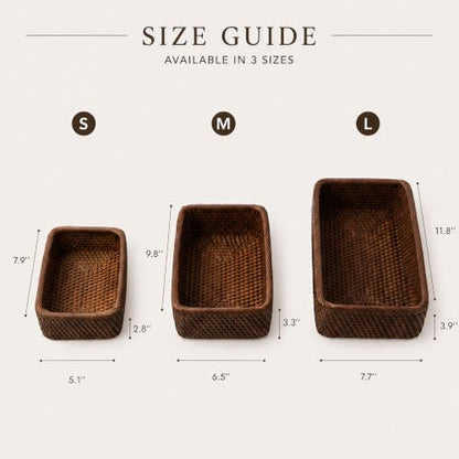 Yangqihome Natural Rattan Storage Baskets, Rectangular Woven Fruit Baskets, Decorative Wicker Basket and Small Baskets for Organizing,Set of 3, (Brown) - size: Brown S / M / L