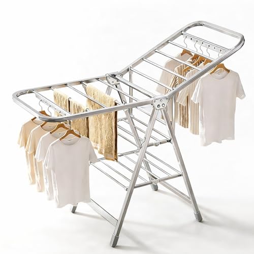 Stainless Steel Foldable Clothes Drying Rack with Adjustable Wings, Windproof Holes & Wheels | Heavy Duty 132 lb Load Capacity | Space-Saving Laundry Rack for Indoor & Outdoor Use