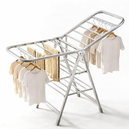 Stainless Steel Foldable Clothes Drying Rack with Adjustable Wings, Windproof Holes & Wheels | Heavy Duty 132 lb Load Capacity | Space-Saving Laundry Rack for Indoor & Outdoor Use