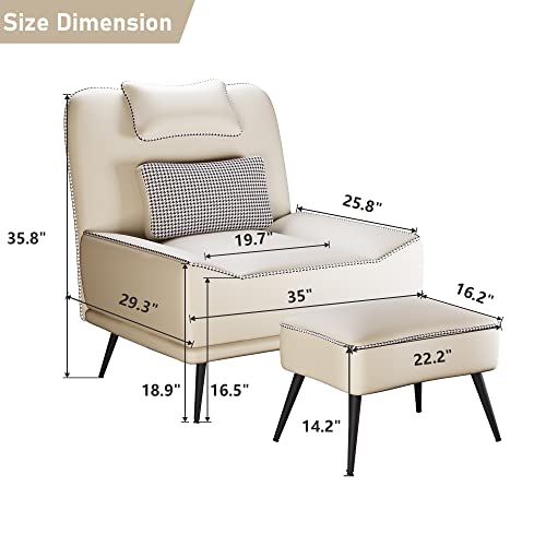 Faux Leather Accent Chair with Ottoman, Modern Upholstered Large Sofa Chair for Living Room Bedroom Lounge Chair Armless Accent Chair and Ottoman Set Beige - color: Beige