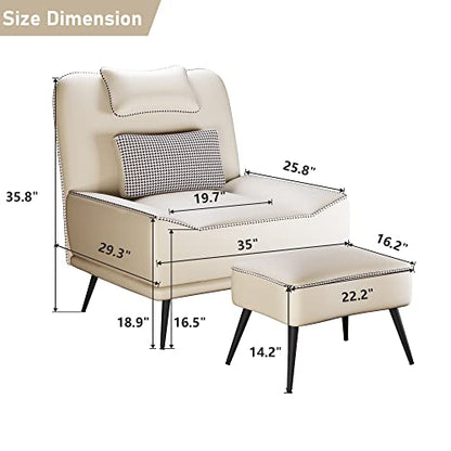 Faux Leather Accent Chair with Ottoman, Modern Upholstered Large Sofa Chair for Living Room Bedroom Lounge Chair Armless Accent Chair and Ottoman Set Beige - color: Beige
