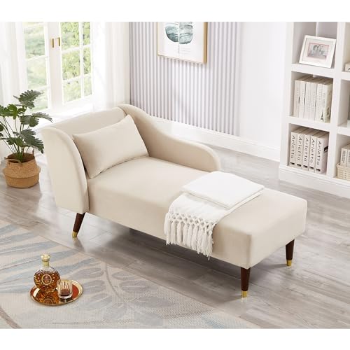 Bellemave Chaise Lounge Indoor, Velvet Upholstered Lounge Chair with Pillow, Solid Wood Legs Modern Chaise Lounge Chair for Living Room Bedroom Office (Beige) - color: Beige
