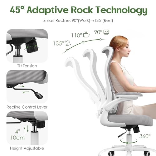 Office Chair Ergonomic Desk Chair - Comfy Mesh High Back Office Chair with Lumbar Support Wheels Home Desk Office Chairs Flip up Armrest Executive Rolling Swivel Task Work Computer Chair Grey - color: Grey