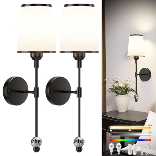 PAIHOME Wall Sconces Set of Two Battery Operated Black Wall Decor Lights | Battery Powered, Large Capacity, Wireless,Rechargeable,15 Color Modes, Memory Function, Mid-century Design,Smart Timer - color: Black